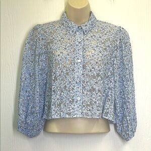 Zara - Blue And White Floral Mesh Button Down Crop Long Sleeve Blouse Size XS